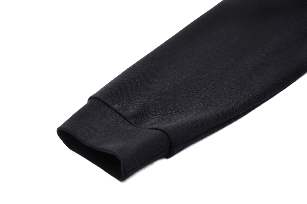 Close-up of the cuff of a black gothic oversized hoodie made from durable sweatshirt fabric.