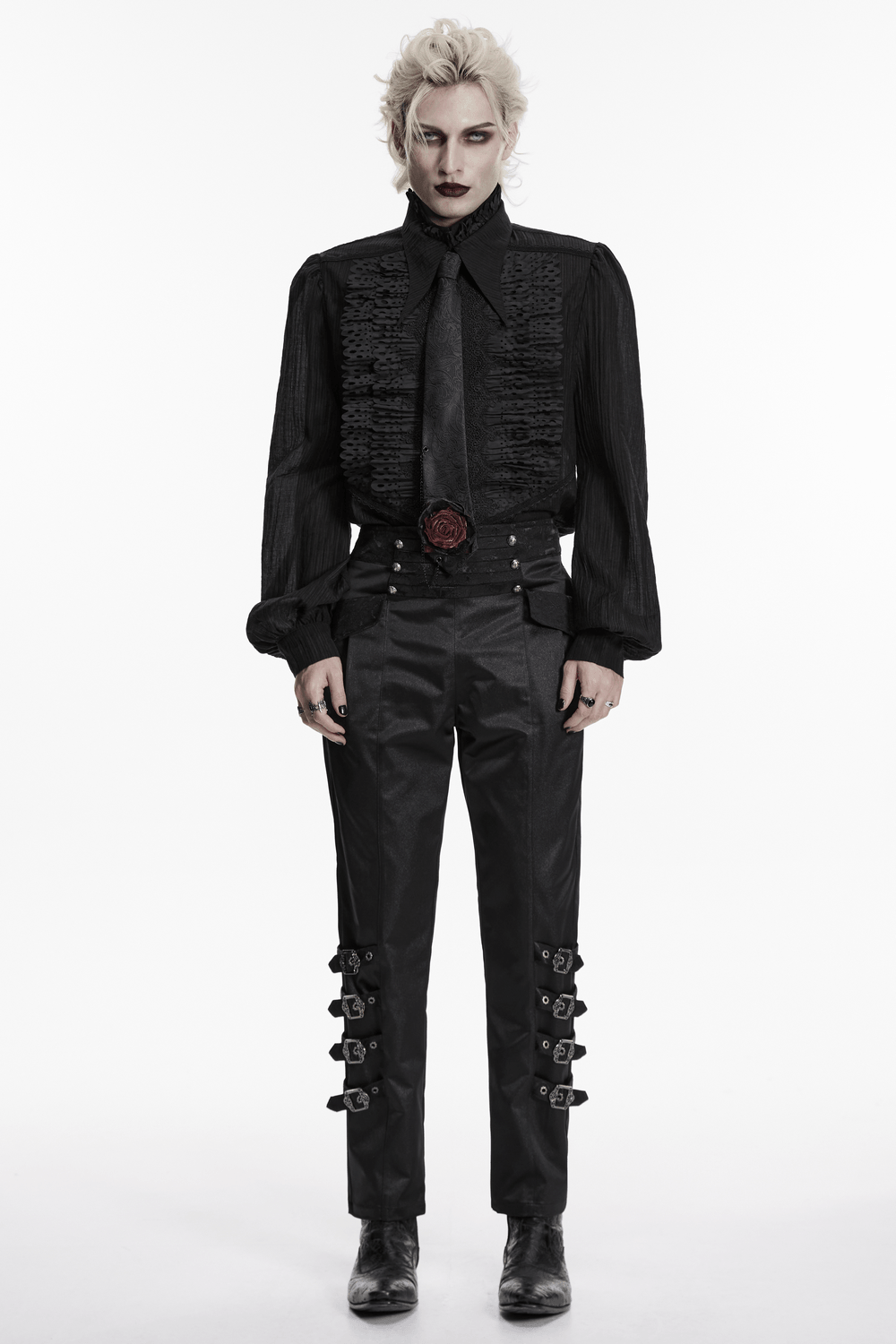Gothic Paisley Tie with Burgundy Rose Victorian Accent worn with a dramatic black outfit featuring unique details.