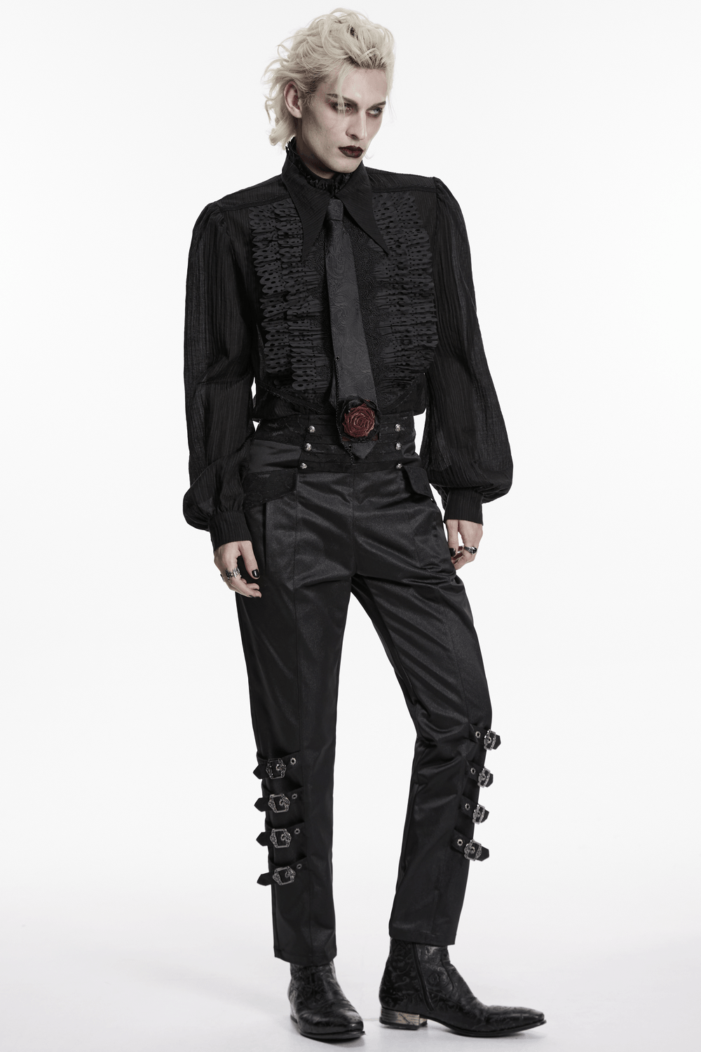 Gothic Paisley Tie with Burgundy Rose Victorian Accent worn with a dramatic black outfit, showcasing dark romantic fashion.
