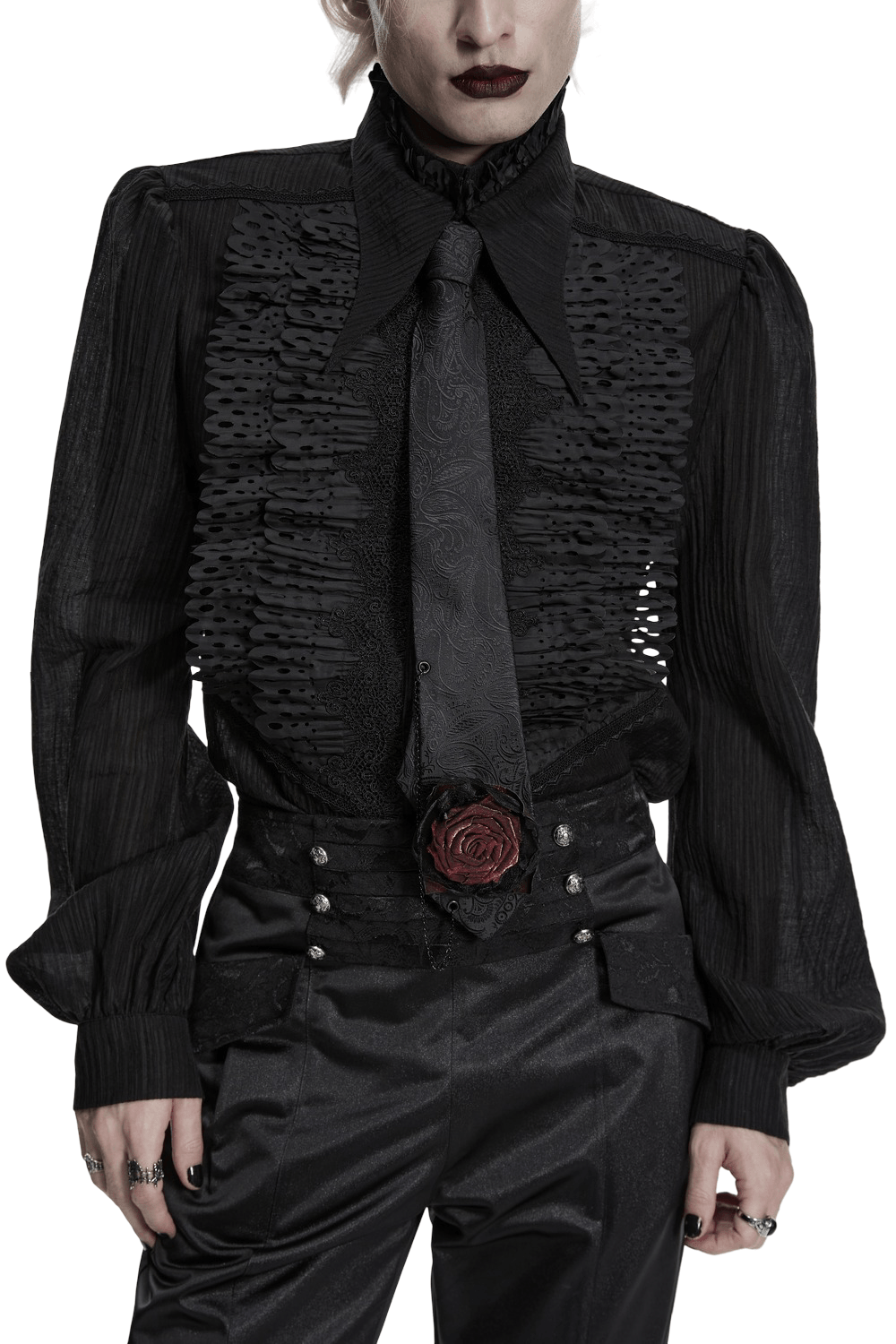 Gothic Paisley Tie with Burgundy Rose Victorian Accent worn with a stylish black Victorian shirt.