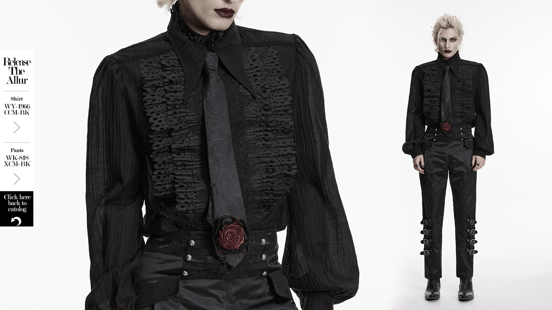 Gothic Paisley Tie with Burgundy Rose Victorian Accent featured in a dramatic dark ensemble with textured blouse and stylish trousers.