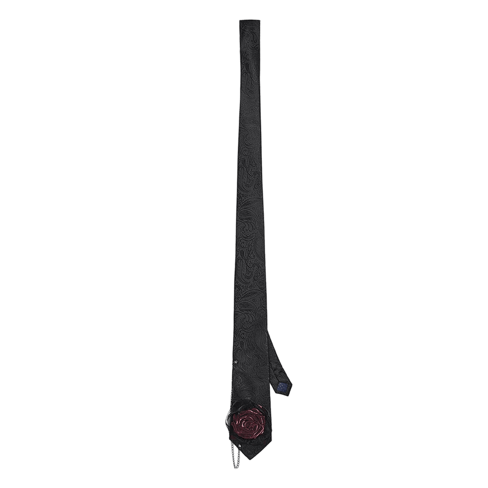 Gothic Paisley Tie with Burgundy Rose Victorian Accent displayed on a white background, featuring embossed paisley and tulle.