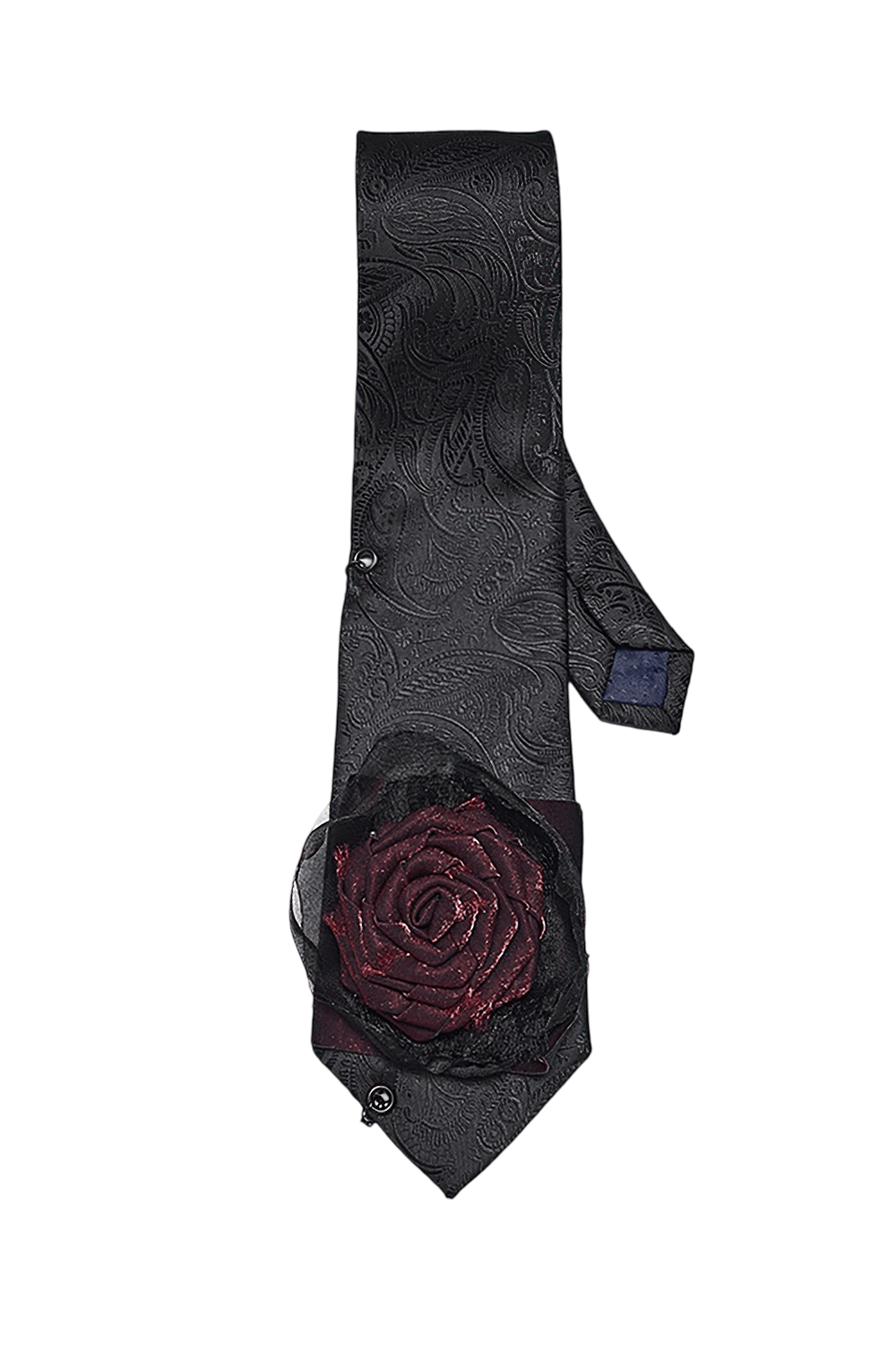 Gothic Paisley Tie with Burgundy Rose Victorian Accent featuring embossed paisley fabric and a dramatic burgundy rose.