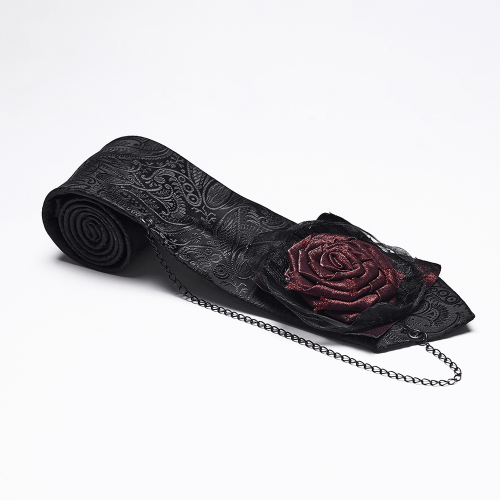 Gothic Paisley Tie with Burgundy Rose Victorian Accent showcasing embossed fabric and a decorative rose accent.