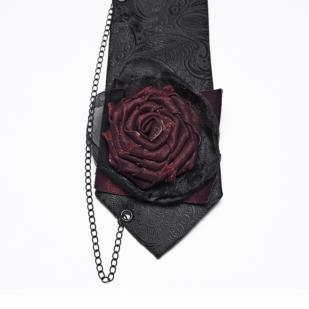 Gothic Paisley Tie with Burgundy Rose Victorian Accent featuring embossed fabric and dramatic floral detail.