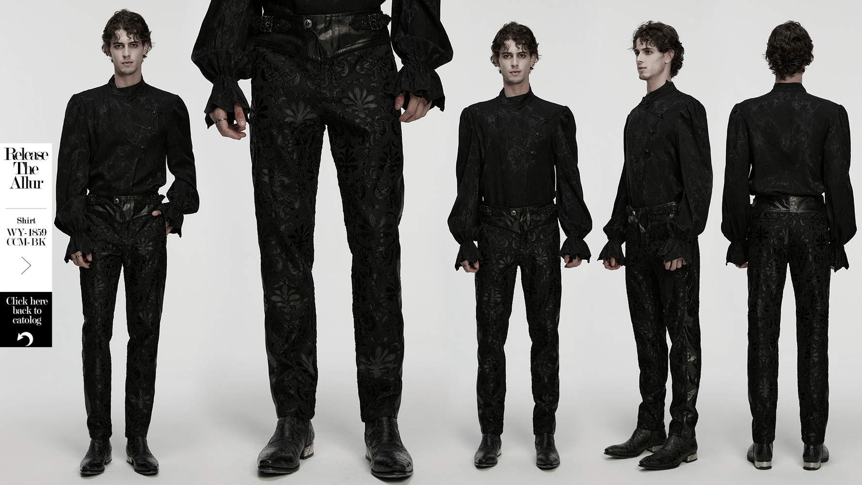 Gothic Palace Embroidered Pants with Adjustable Waist on a model showcasing the retro floral design from multiple angles.