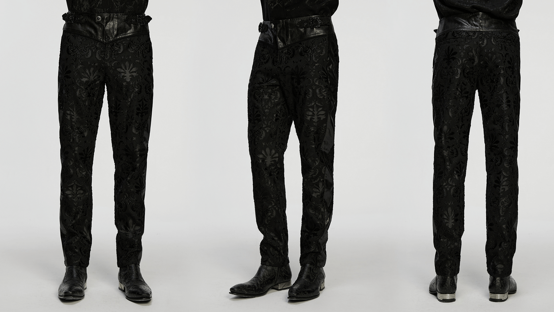 Gothic Palace Embroidered Pants with Adjustable Waist showcasing elegant retro floral design from multiple angles.