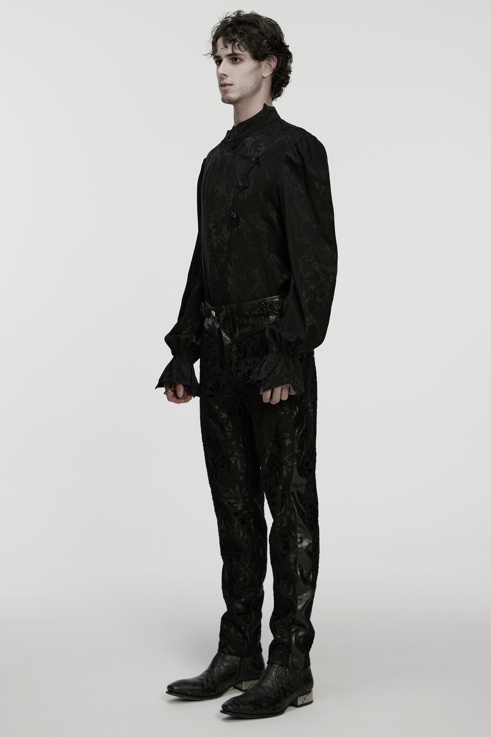 Gothic Palace Embroidered Pants with Adjustable Waist worn by a model in a stylish gothic outfit.