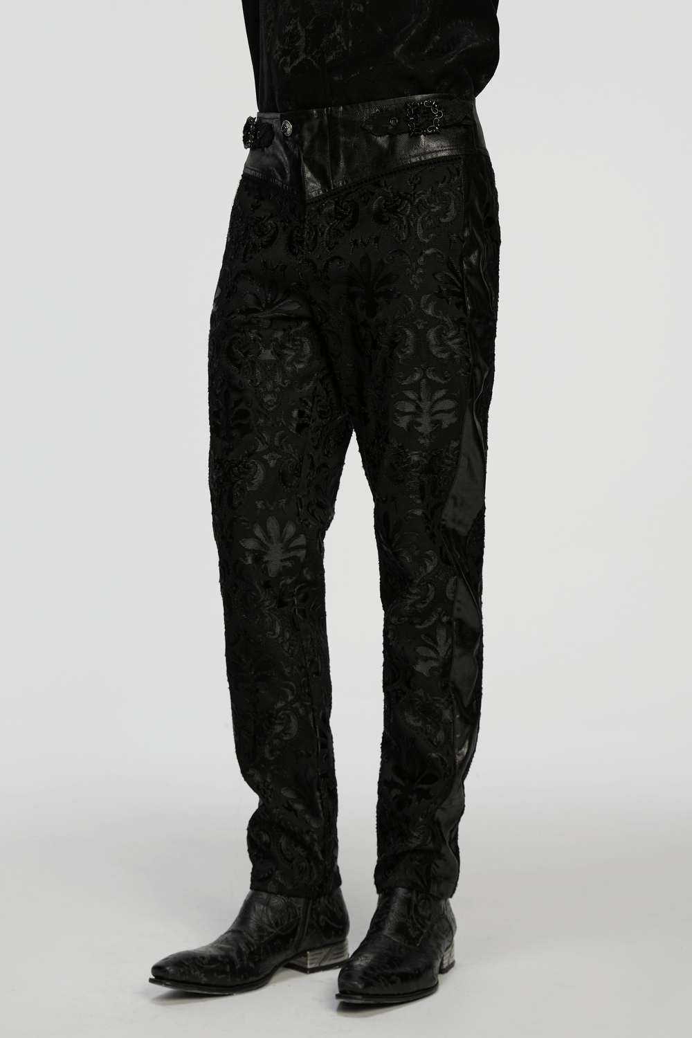 Gothic Palace Embroidered Pants with Adjustable Waist in elegant black with retro floral design.