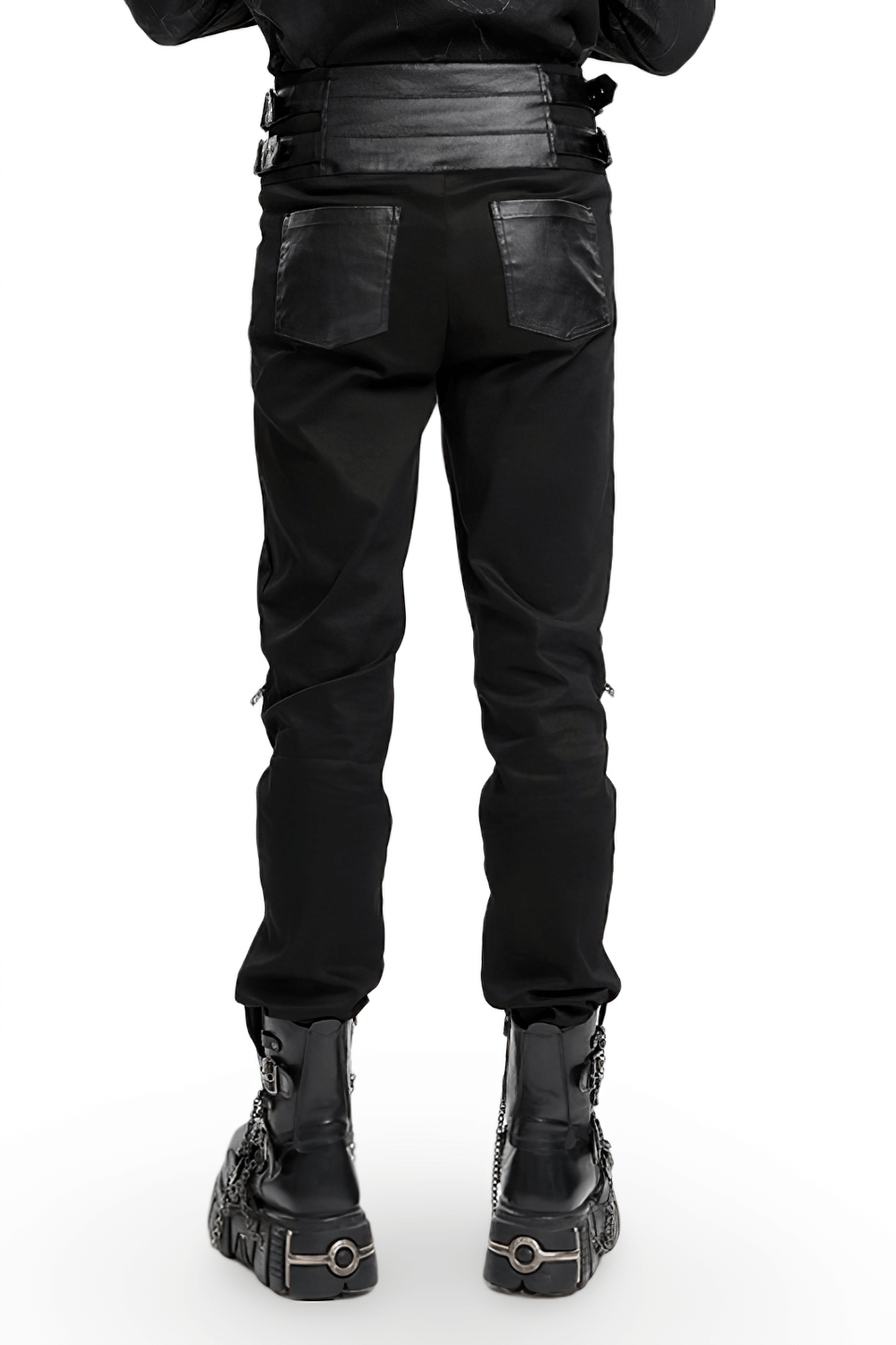 Men's gothic pants with leather straps and metal accents, showcasing stylish back view and edgy streetwear look.