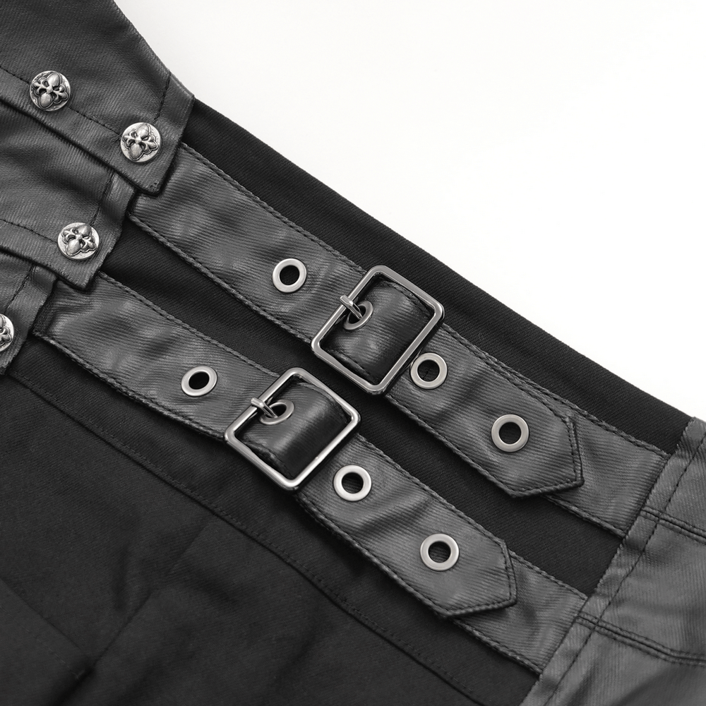 Close-up of gothic pants featuring leather straps, metal buckles, and studded accents for a bold streetwear look.