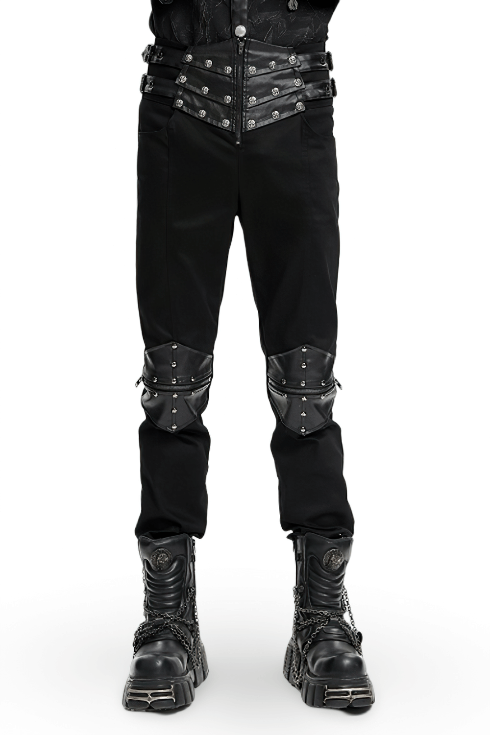 Men's gothic leather-panel pants with straps, metal accents, and adjustable waist for bold streetwear style.