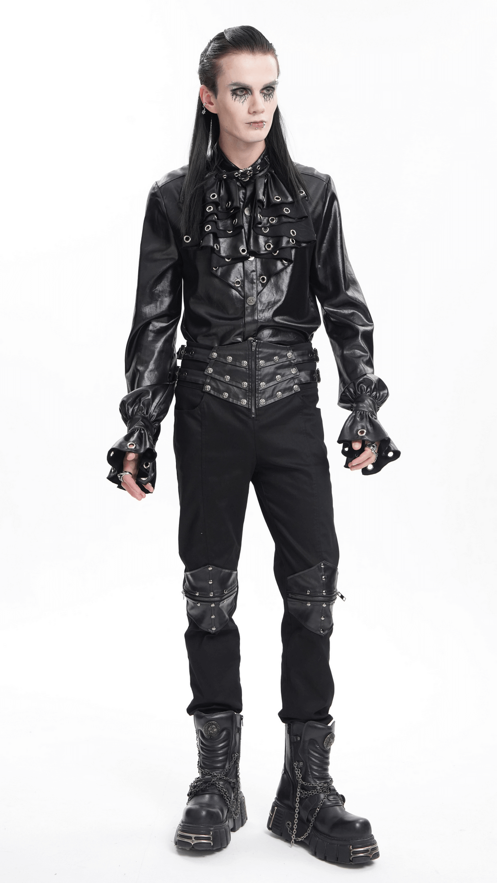 Men's gothic pants with leather straps and metal accents, perfect for bold streetwear and cosplay.