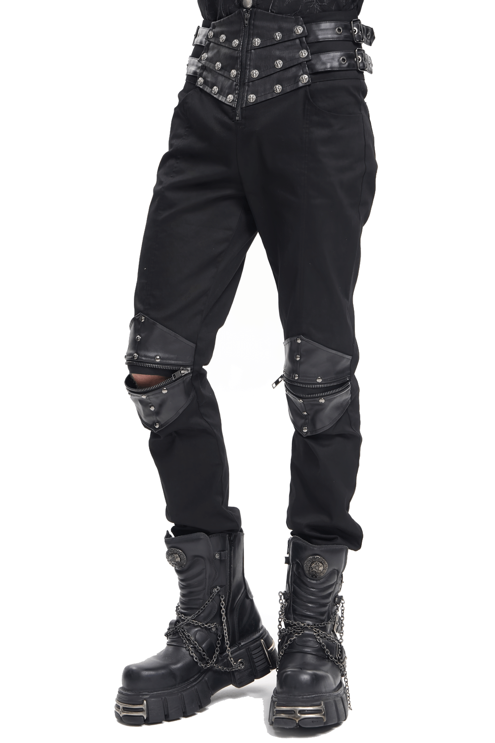 Men's Gothic pants with leather straps, metal accents, and knee panel details for bold streetwear style.