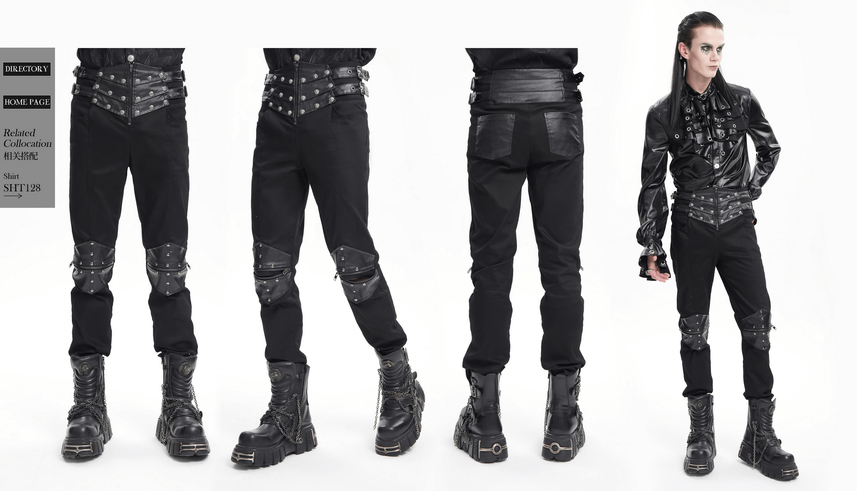 Men's Gothic pants with leather straps, metal accents, and slim fit, perfect for bold streetwear styles.