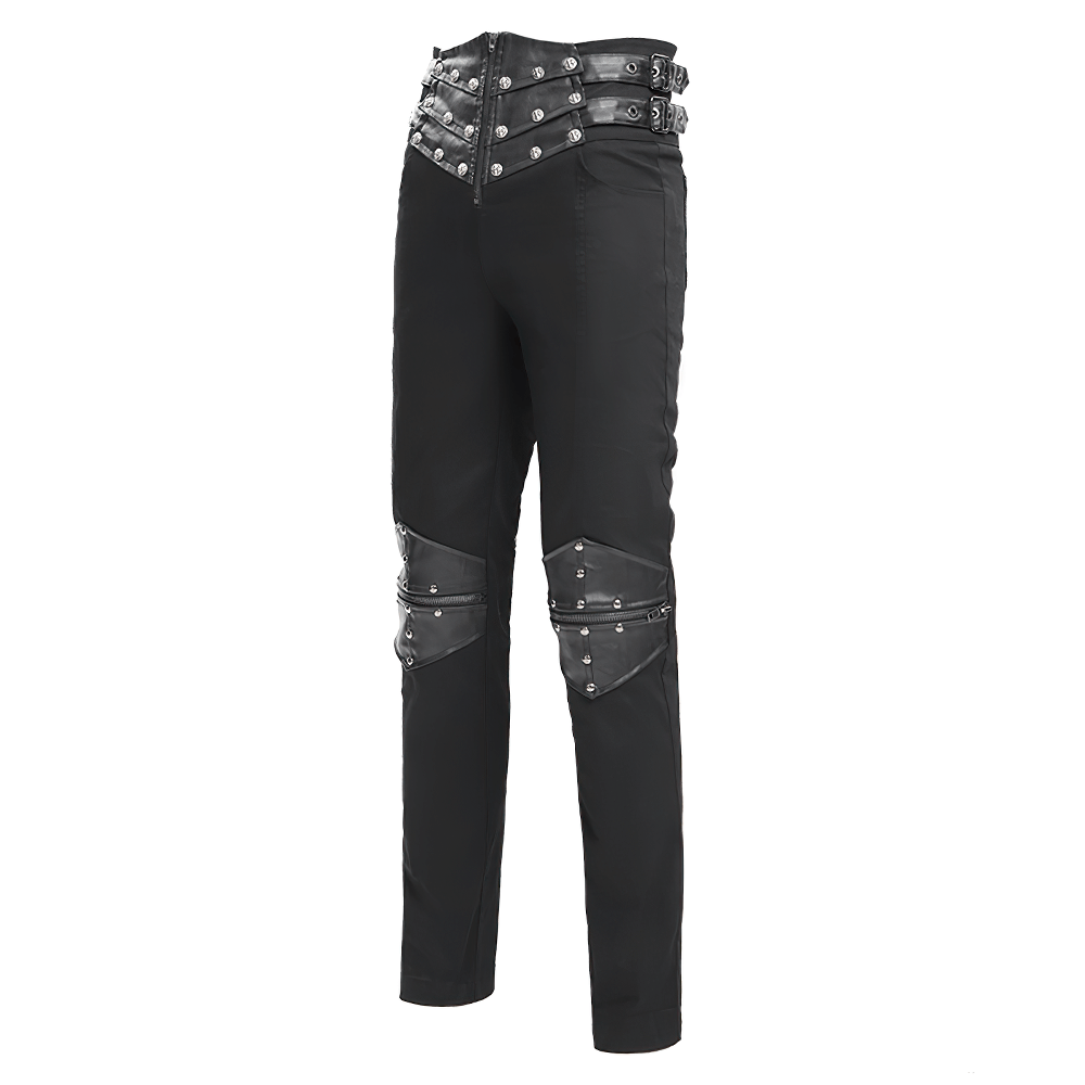 Gothic pants with leather straps and metal accents, featuring bold streetwear style and slim-fit design.