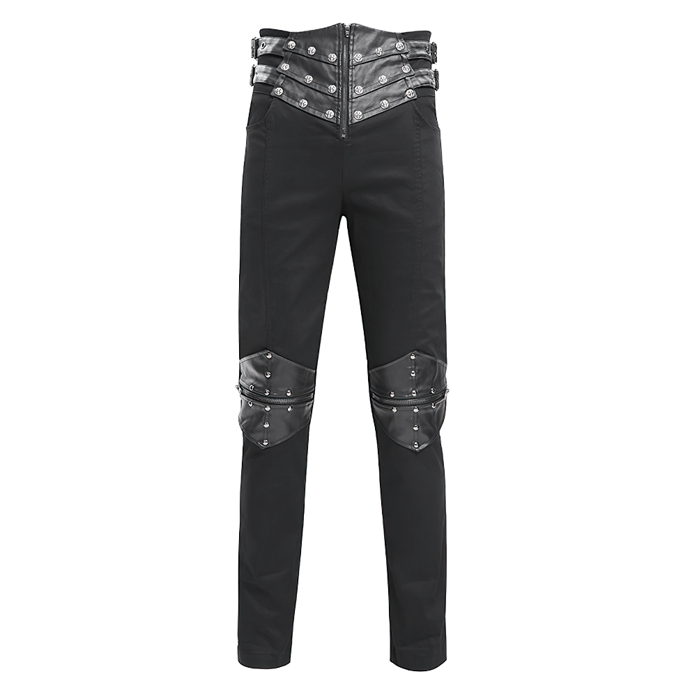 Men's Gothic pants featuring leather straps, metal accents, and knee panels for a bold streetwear look.