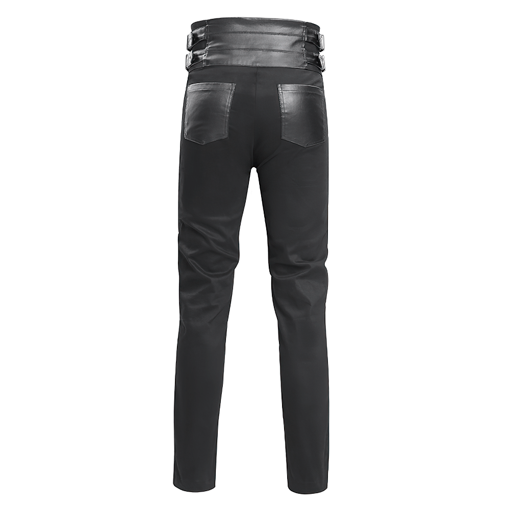 Men's Gothic pants with leather straps and metal accents, showcasing a sleek back view with pockets.