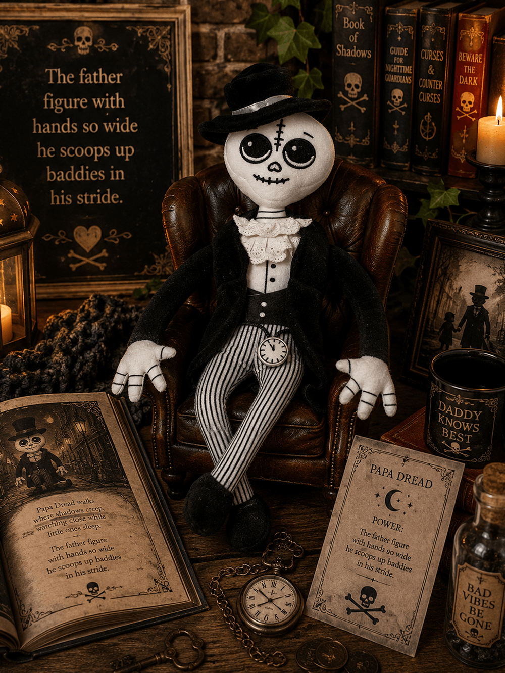 Gothic Papa Dread Halloween Guardian Plush Doll sitting in a cozy chair with storybooks and a glowing pocket watch.