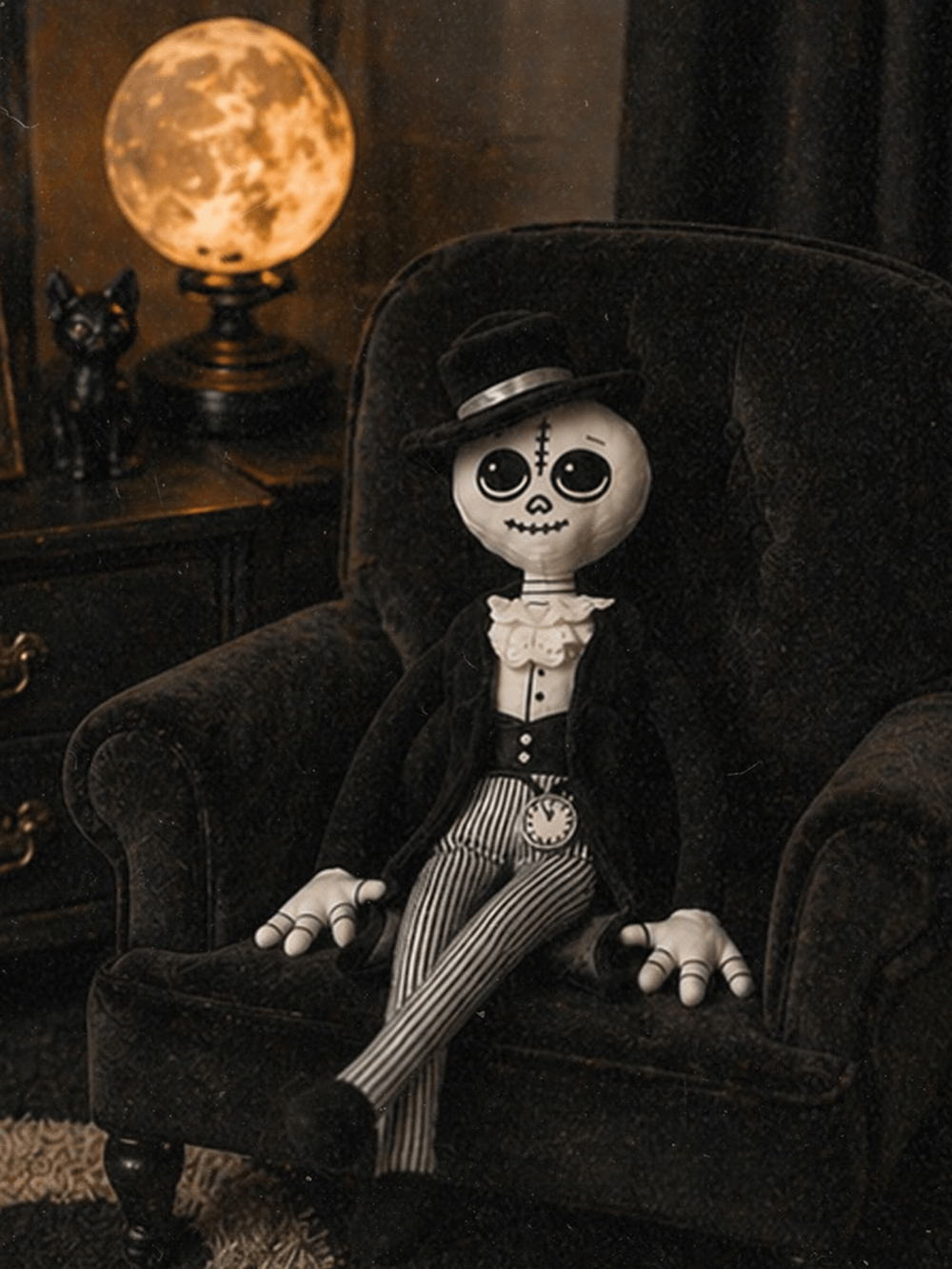 Gothic Papa Dread Halloween Guardian Plush Doll sitting on a chair with a whimsical style and glow-in-the-dark watch.
