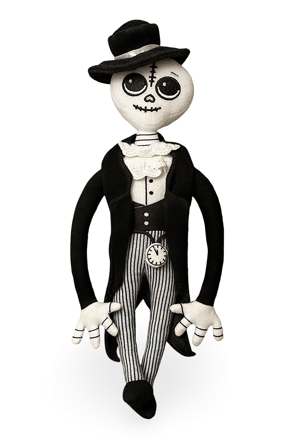Gothic Papa Dread Halloween Guardian Plush Doll in black outfit with pocket watch, perfect for Halloween decor.