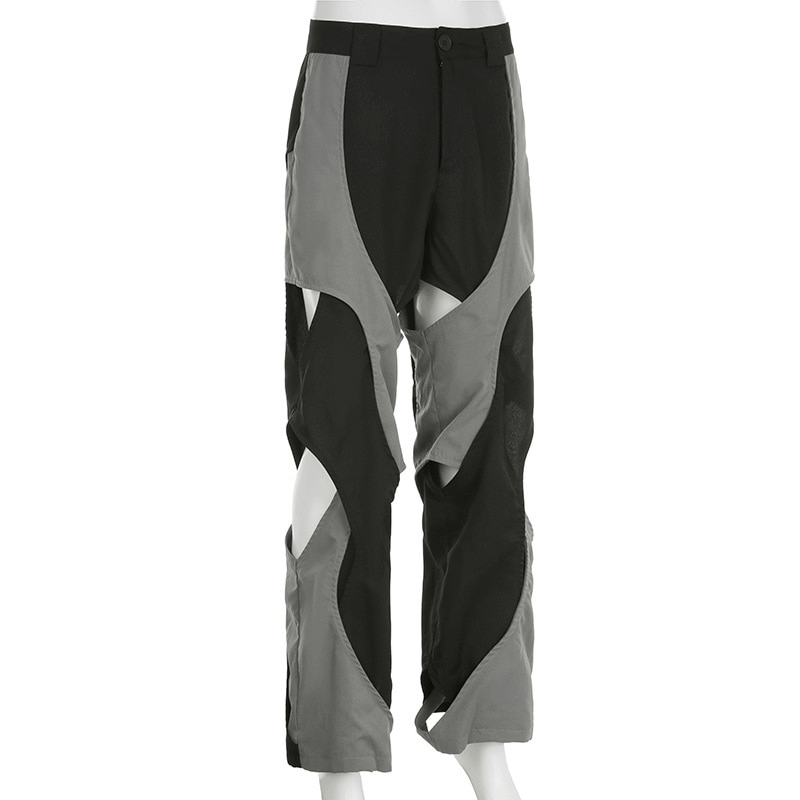 Gothic Patchwork Hollow Out Wide Leg Pants / Grunge Low Waist Trousers - HARD'N'HEAVY