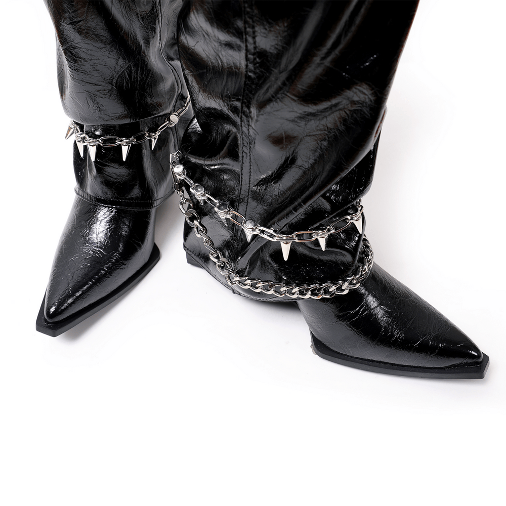 Gothic Patent Chain Spike Knee-High Boots For Women, black pointed-toe punk boots with glossy finish and chain hardware