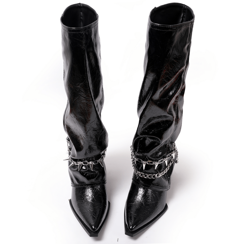 Gothic Patent Chain Spike Knee-High Boots For Women, black glossy pointed-toe punk boots with chain and spike detail