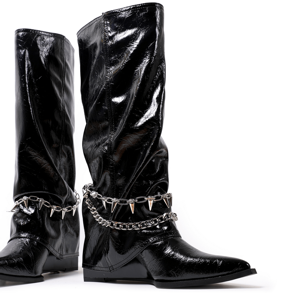 Gothic Patent Chain Spike Knee-High Boots For Women black glossy pointed-toe wedge boots with chain hardware and spiked ankle details