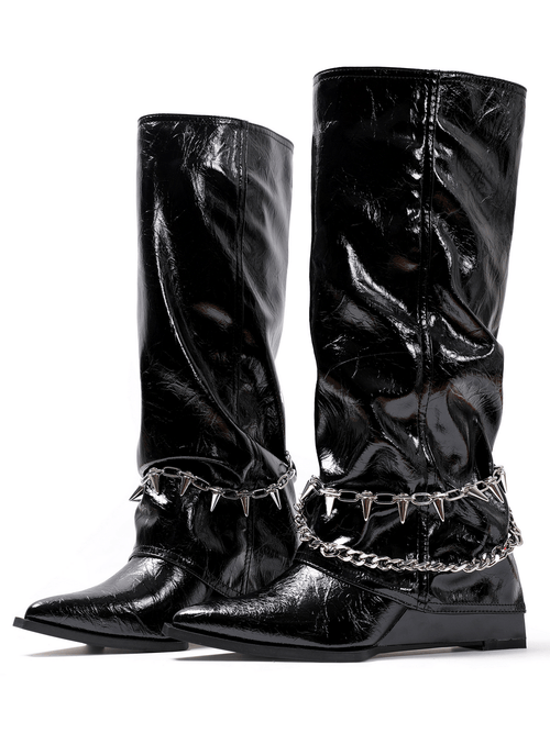Gothic-Lack-Ketten-Stachel-Kniestiefel für Damen