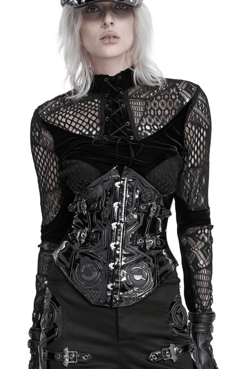 Ceinture corset gothique en cuir verni avec boucle métallique