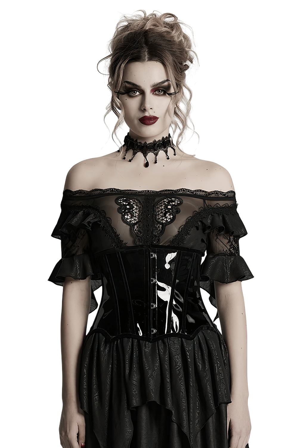Gothic patent leather corset with adjustable back, featuring metal buckles and an elegant lace design, worn by a model.