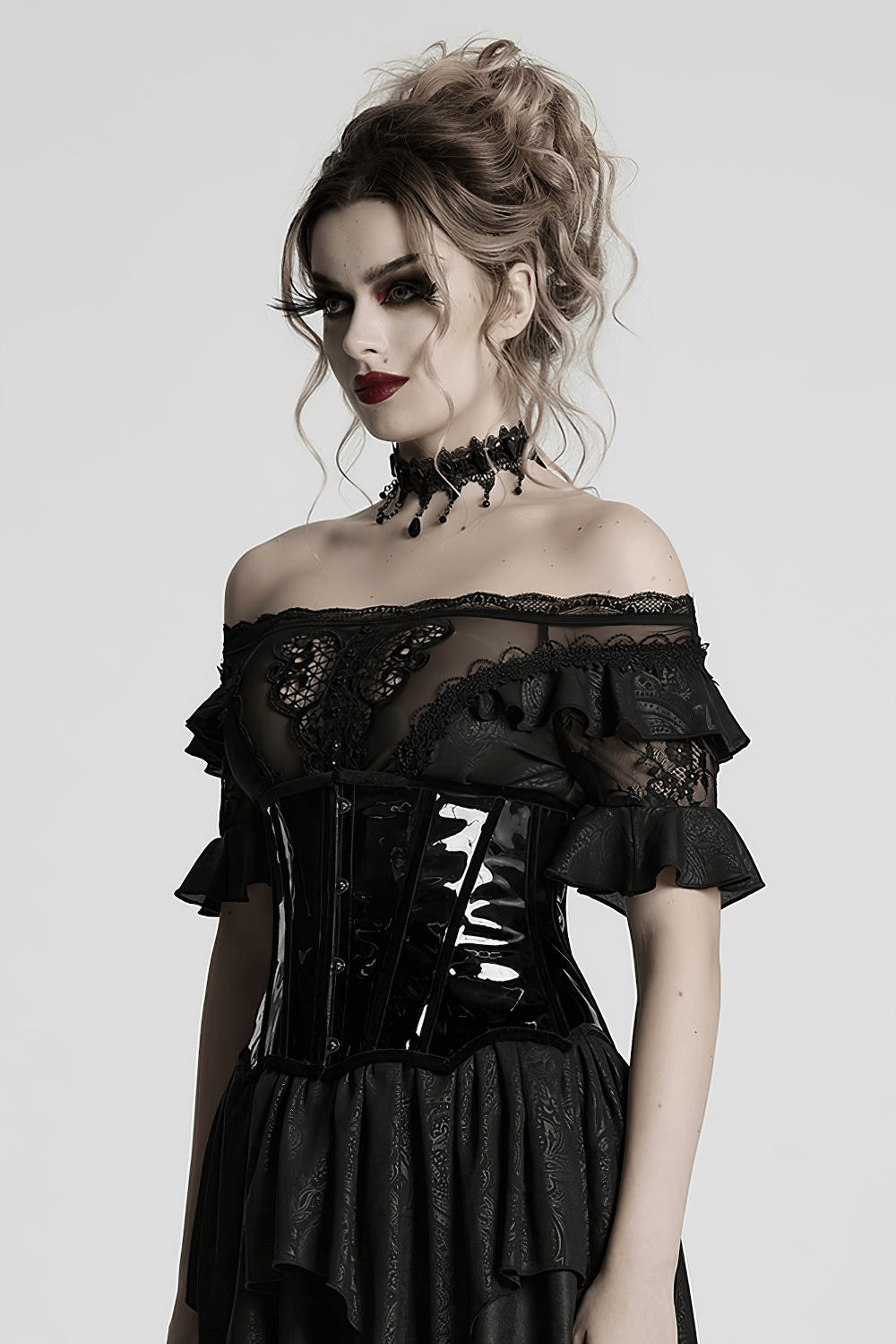 Gothic patent leather lace-up corset with metal buckles, creating a dramatic curvaceous silhouette.