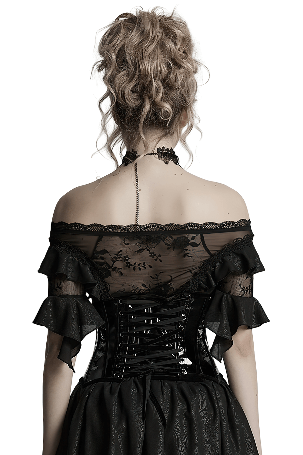 Back view of a Gothic corset with lace-up detail and ruffled sleeves, showcasing an elegant silhouette.