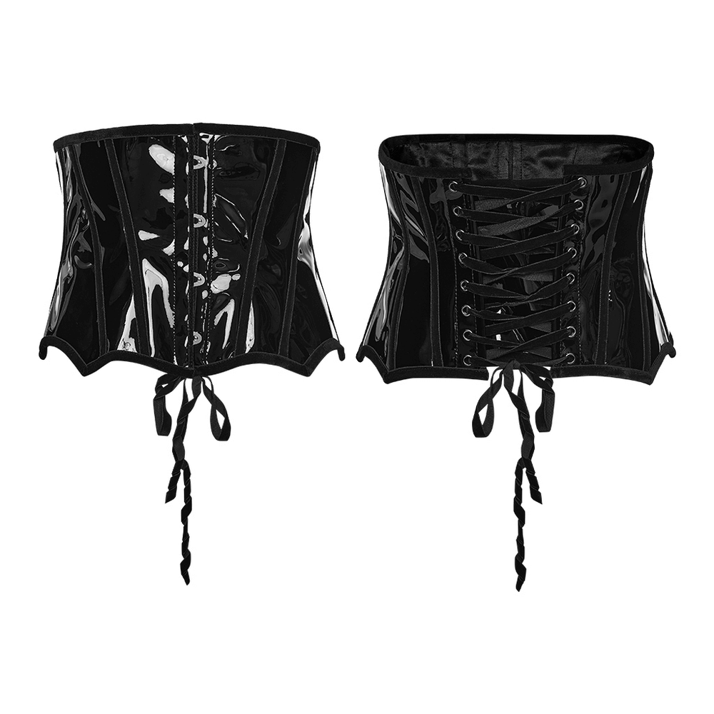Gothic patent leather corset with metal buckles and adjustable lace-up back for a stunning silhouette.