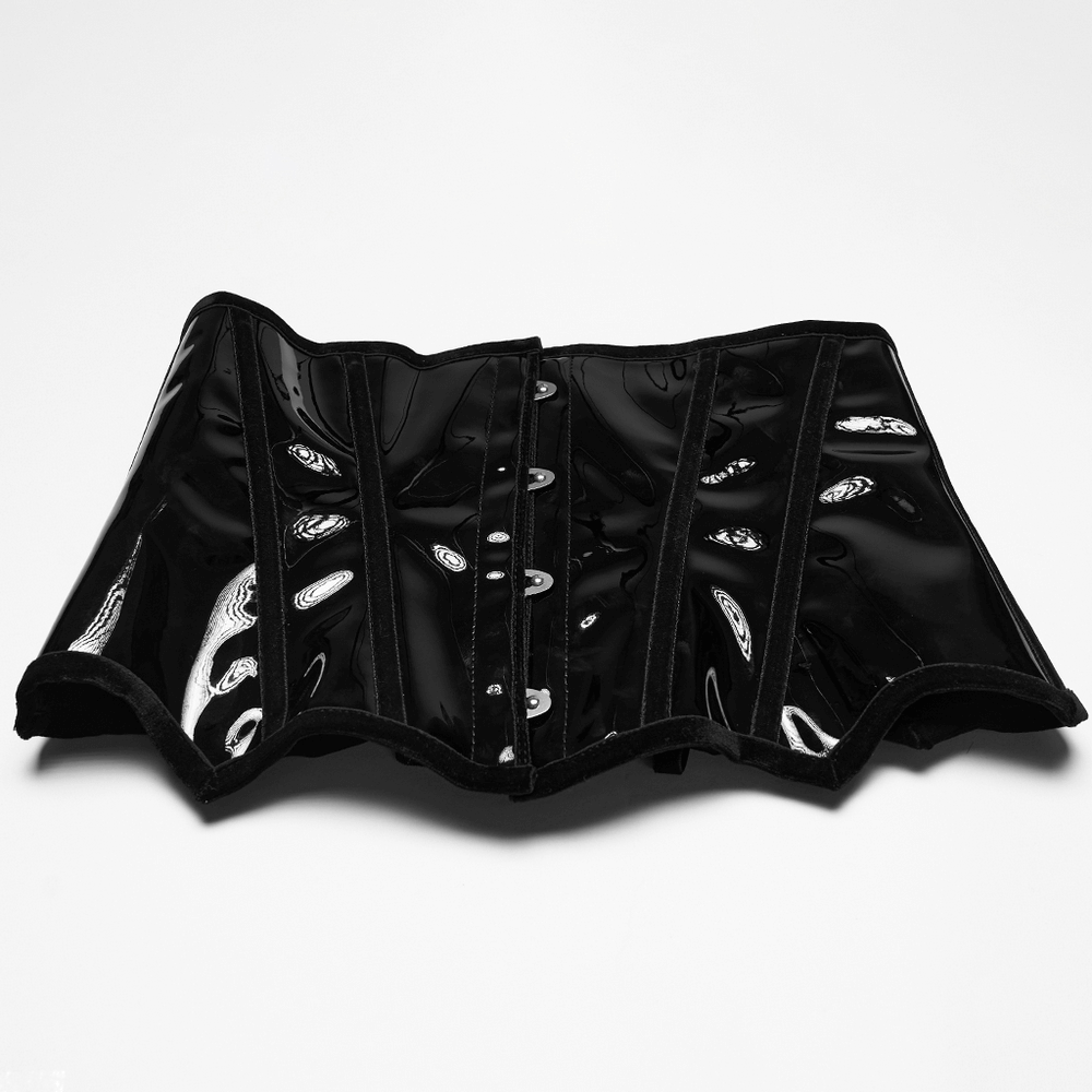 Gothic patent leather lace-up corset with adjustable back and metal buckles for a dramatic silhouette.