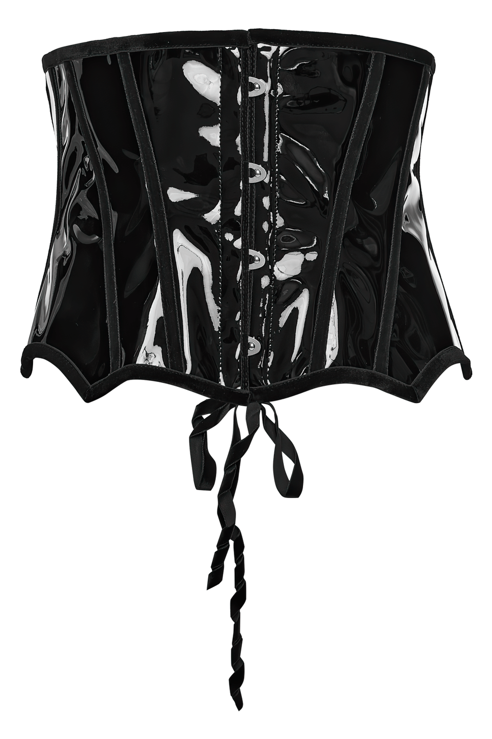 Gothic patent leather lace-up corset featuring an adjustable back and metal buckles for a stylish silhouette.