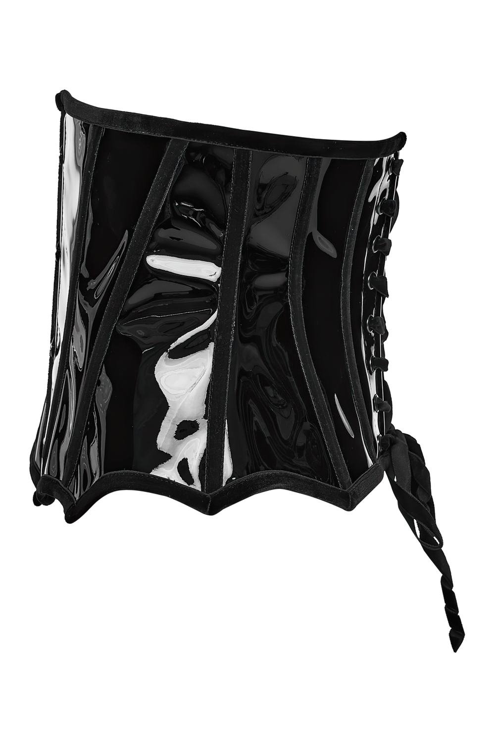 Gothic patent leather lace-up corset with adjustable back and edgy metal buckles, ideal for a dramatic silhouette.