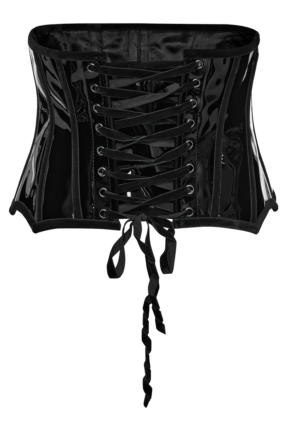 Gothic patent leather lace-up corset with adjustable back and metal buckles for an edgy silhouette.
