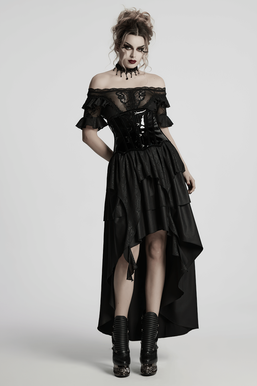 Model showcasing a gothic patent leather corset dress with off-shoulder design and ruffled skirt.
