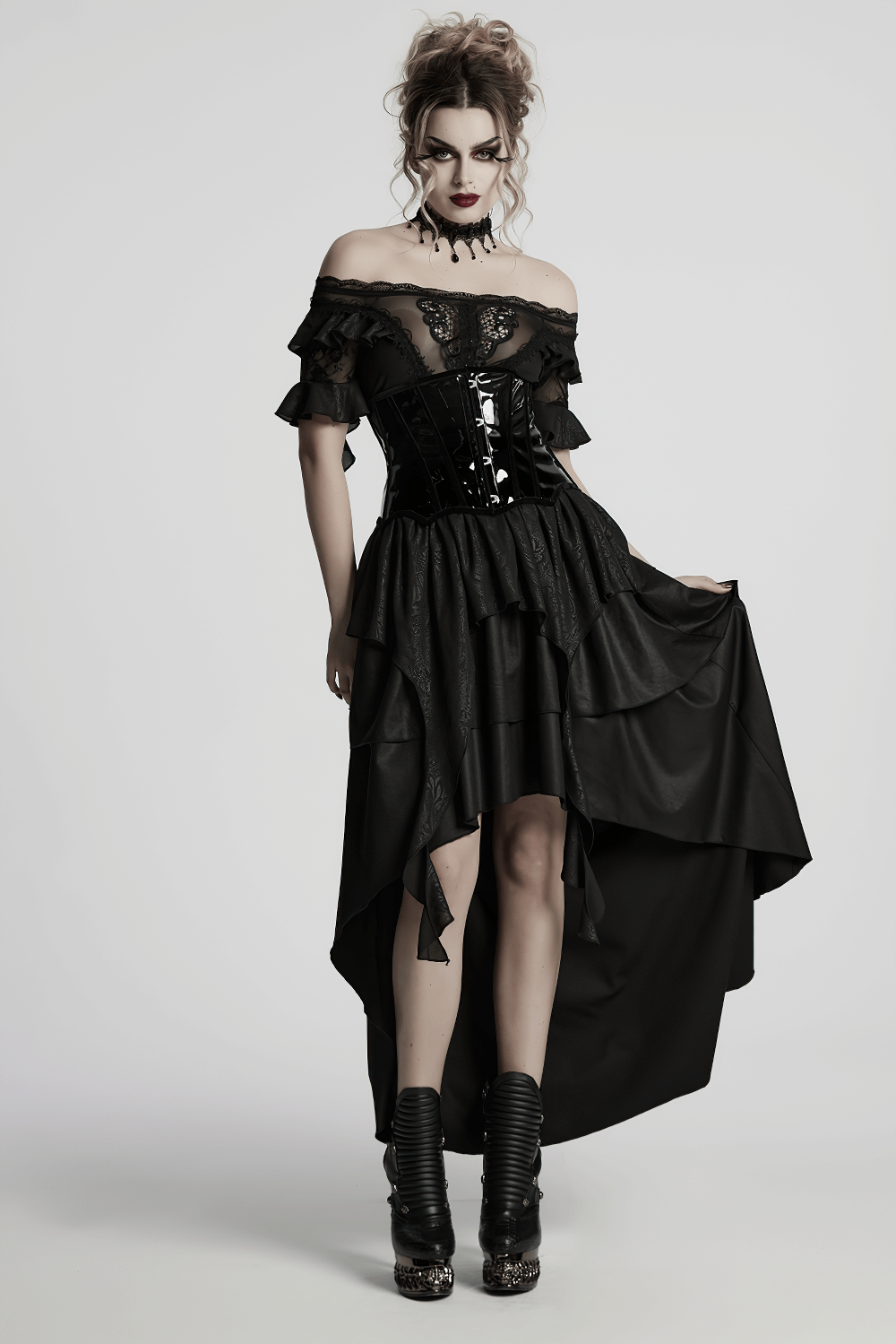 Gothic off-shoulder dress with ruffled layers, corset top, and dramatic black skirt for a striking look.