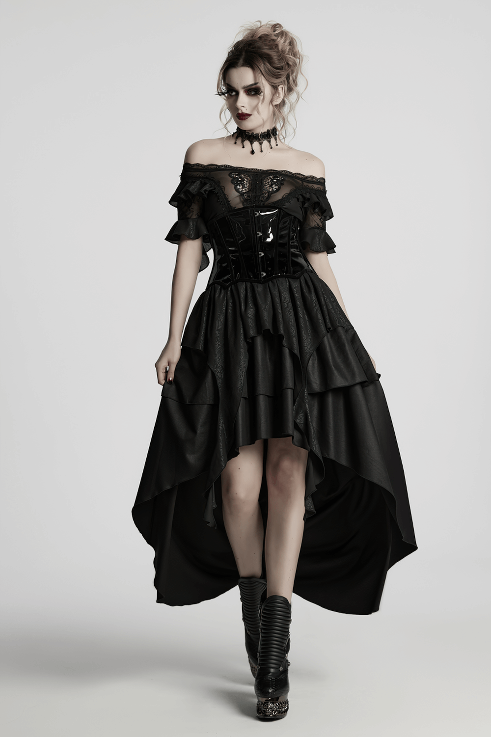 Gothic off-shoulder black dress with lace details and layered skirt, perfect for dramatic night outings.