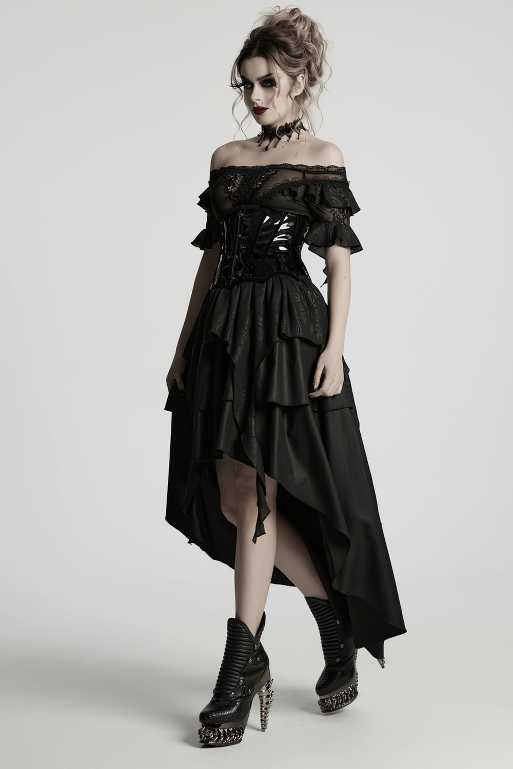 Model showcasing a Gothic patent leather lace-up corset dress with ruffled hem and edgy boots.