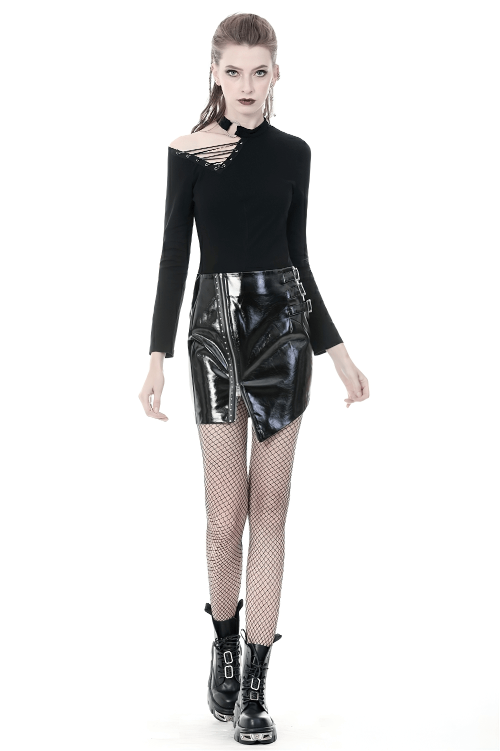 Gothic black mini skirt with asymmetrical hem and zipper detailing, paired with an edgy black long sleeve top.