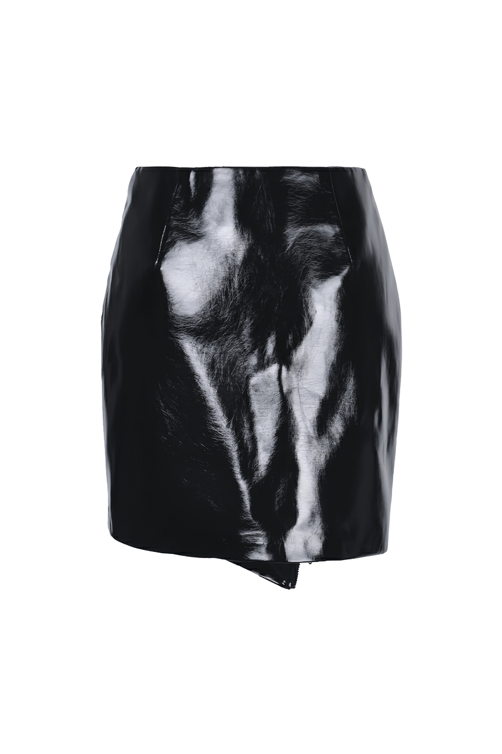 Gothic patent leather mini skirt with asymmetrical hem for a bold, edgy look.