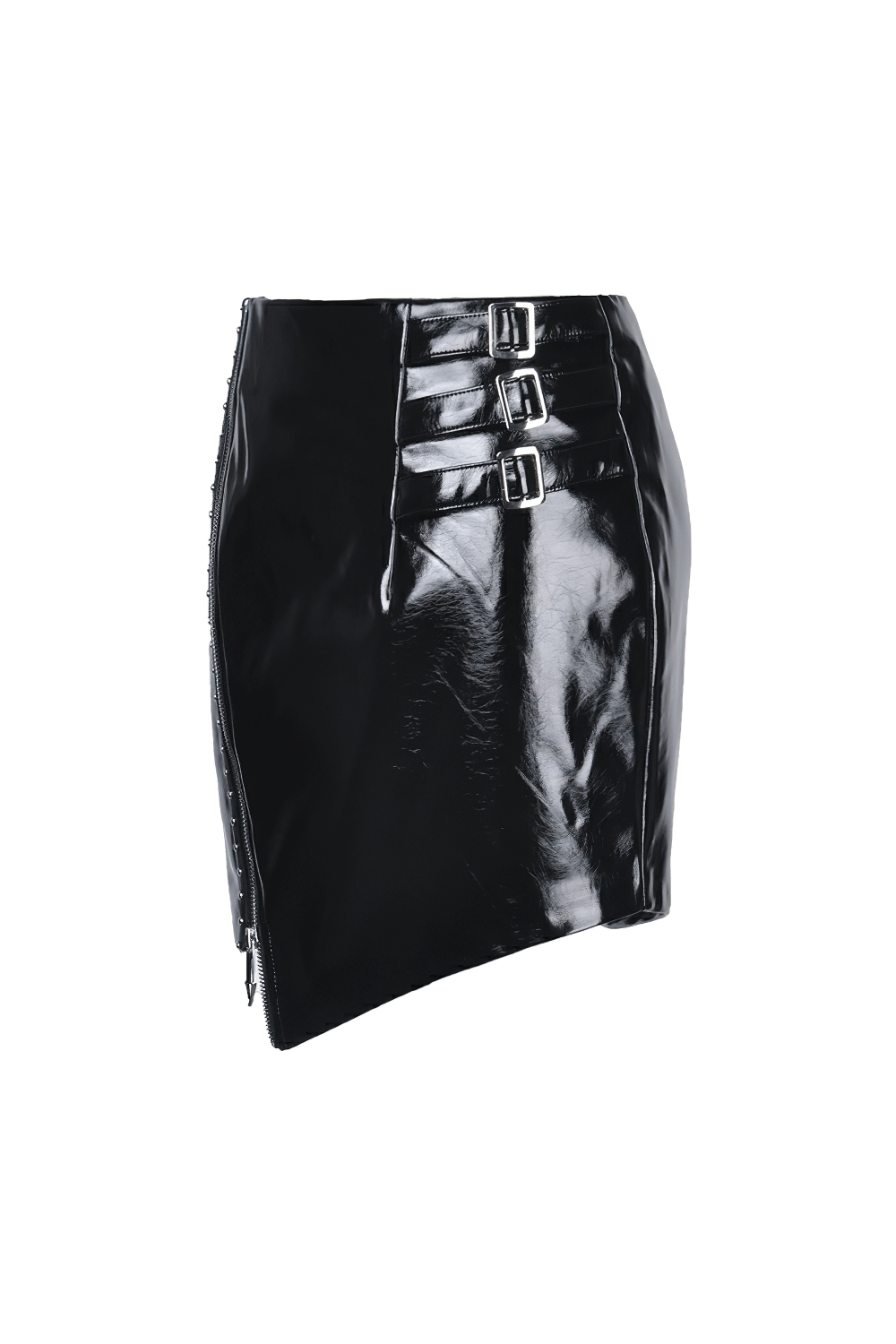 Gothic patent leather mini skirt with asymmetrical hem and edgy buckle detailing, perfect for bold women.