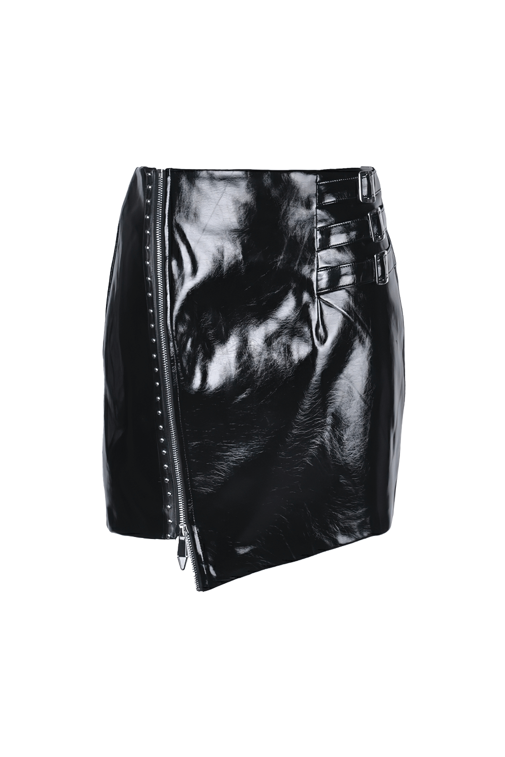 Gothic patent leather mini skirt with asymmetrical hem and zipper detail, perfect for edgy fashionistas.