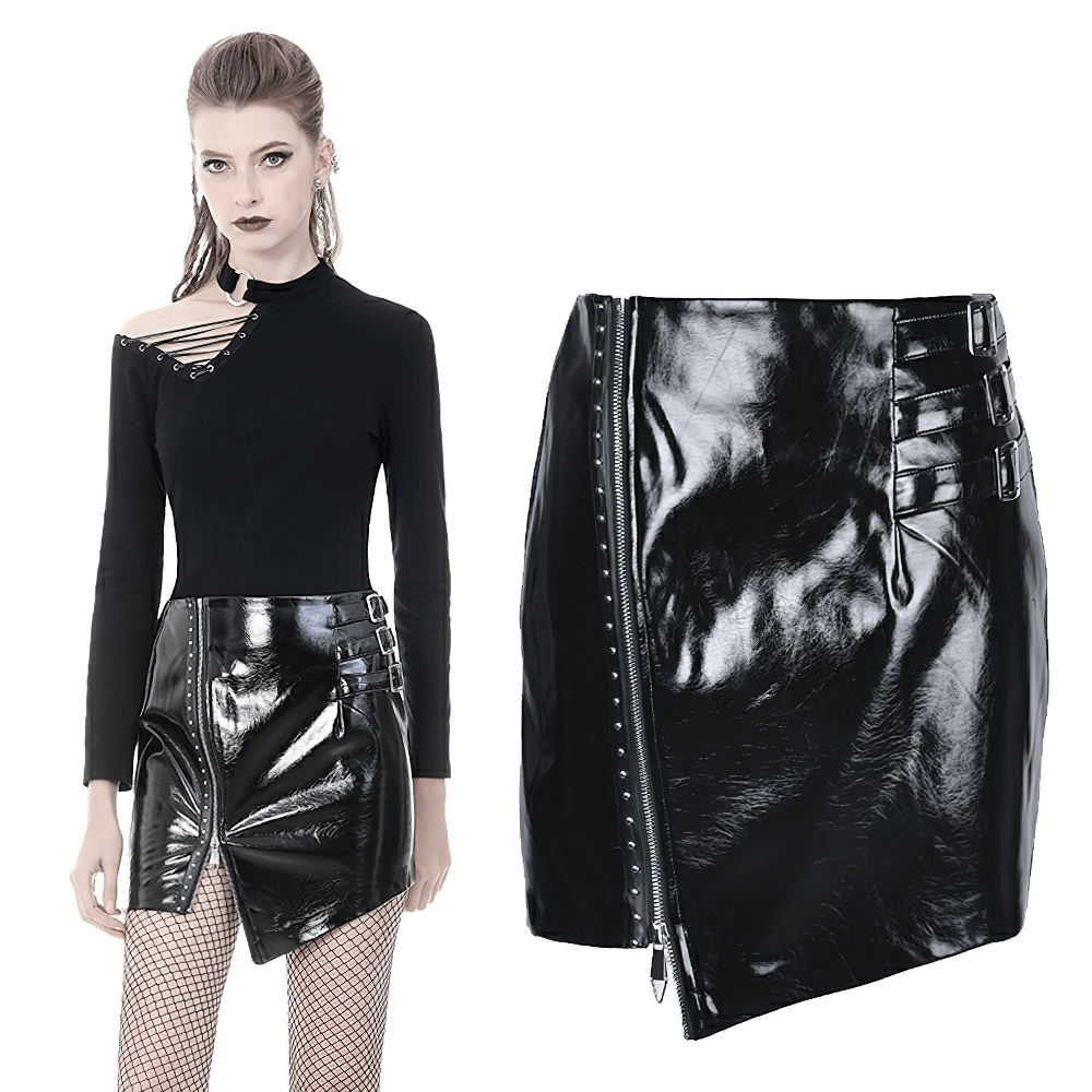 Gothic patent leather mini skirt with asymmetrical hem and edgy zipper detailing, perfect for bold fashion statements.
