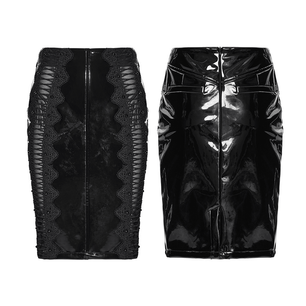 Gothic Patent Leather Skirt with Lace and Rivet Details showcasing stylish design and unique lace panels.