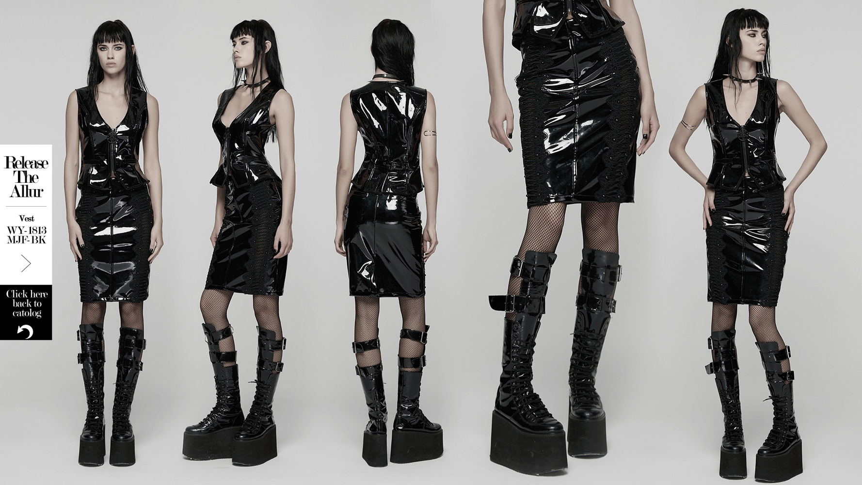 Gothic Patent Leather Skirt with Lace and Rivet Details showcased on model from multiple angles, highlighting bold design.